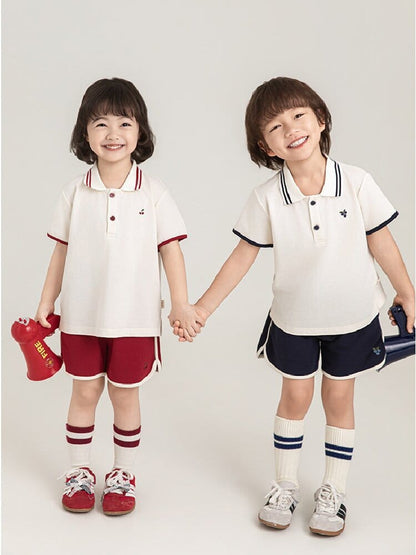 子ども用ポロシャツ・ショートパンツセット（生成りポロ×赤ショーツ/紺ショーツ）