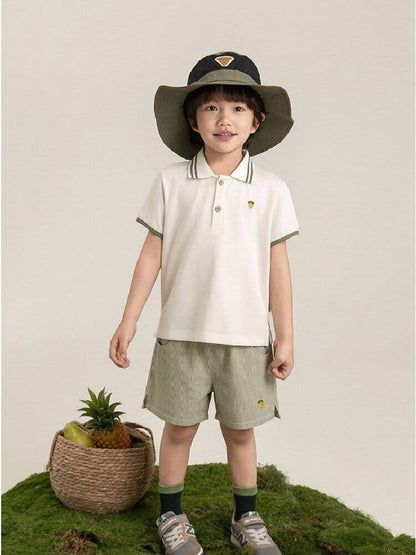 子ども用ホワイトポロシャツ＆カーキショートパンツ刺繍セット