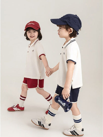 子ども用ホワイトポロシャツ＆ネイビーショートパンツ刺繍セット