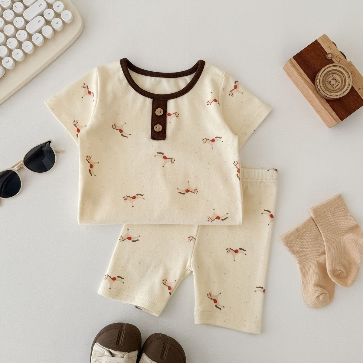 Pony Print Jumpsuit Shorts Set ポニー 半袖ロンパース トップス ショートパンツ セット【mh0013351】 TOMMY'S GIFTS 半袖セットアップ