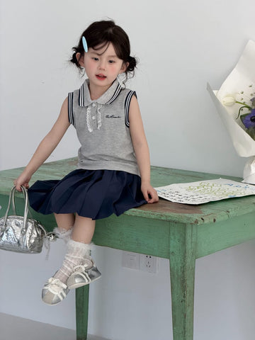 Preppy Sleeveless Polo Skirt Setup 襟付きノースリーブ 裾プリーツスカート【mh0012744】 Gray / 80cm MaiTianJi ノースリーブセットアップ