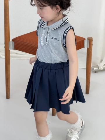 Preppy Sleeveless Polo Skirt Setup 襟付きノースリーブ 裾プリーツスカート【mh0012744】 MaiTianJi ノースリーブセットアップ
