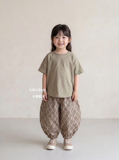 コーヒー色アラベスク柄バルーンパンツ 子ども用ロング丈 ふんわり丸み