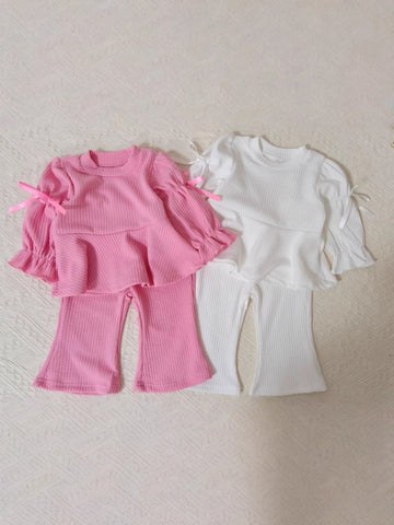 Puff Sleeve Bow Doll Shirt Set パッチワーク パフスリーブ セットアップ【mh0012305】 yi nian ni