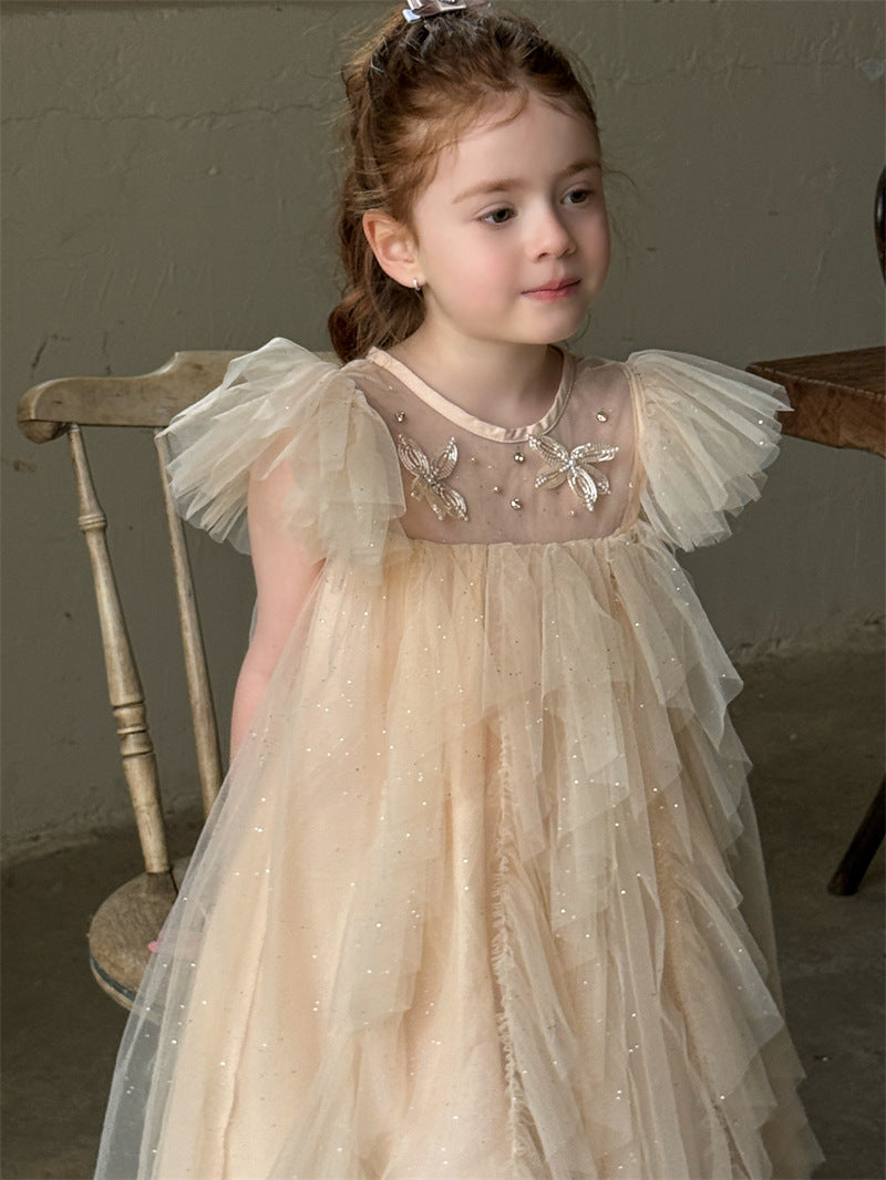Puff Sleeve Butterfly Mesh Princess Dress バタフライ チュール 半袖ワンピース【mh0012412】 90cm / Apricot powder mamahalo shop