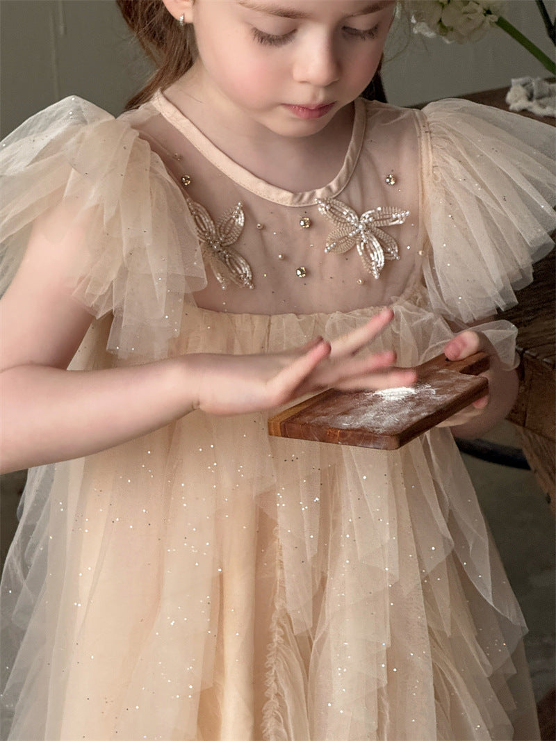 Puff Sleeve Butterfly Mesh Princess Dress バタフライ チュール 半袖ワンピース【mh0012412】 Chengle