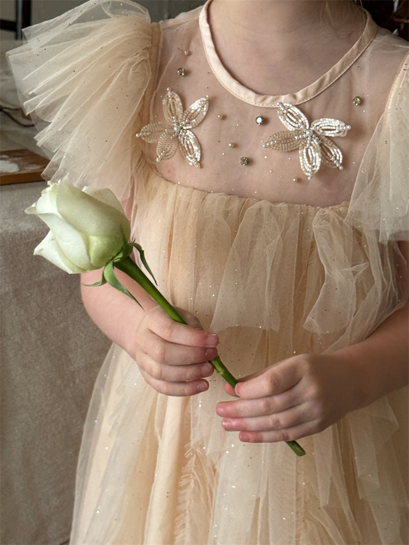 Puff Sleeve Butterfly Mesh Princess Dress バタフライ チュール 半袖ワンピース【mh0012412】 mamahalo shop