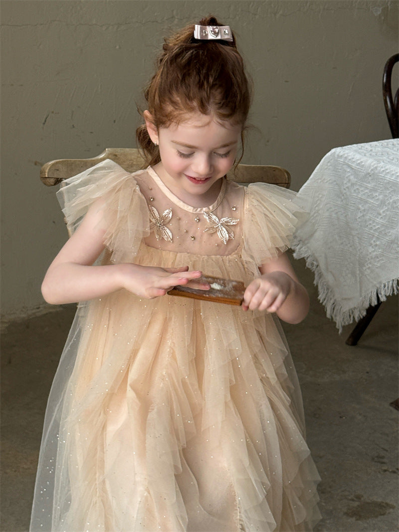 Puff Sleeve Butterfly Mesh Princess Dress バタフライ チュール 半袖ワンピース【mh0012412】 mamahalo shop