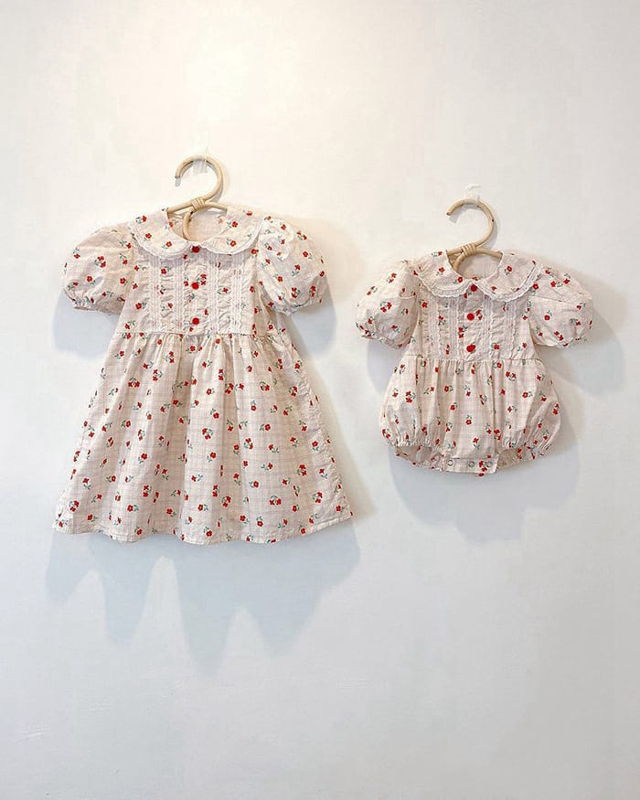 Puff Sleeve Floral Lace Collar Bodysuit 半袖ロンパース【mh0012694】 BBAMMA 半袖ロンパース