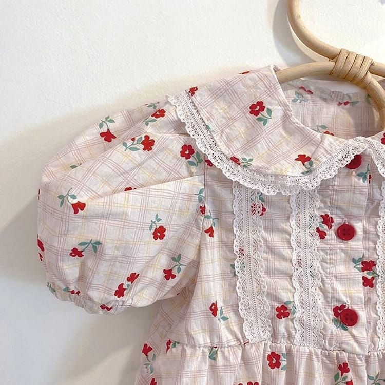 Puff Sleeve Floral Lace Collar Bodysuit 半袖ロンパース【mh0012694】 BBAMMA 半袖ロンパース