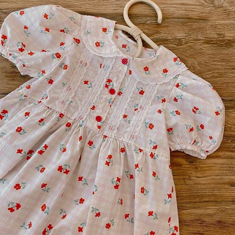 Puff Sleeve Floral Lace Collar Bodysuit 半袖ロンパース【mh0012694】 BBAMMA 半袖ロンパース