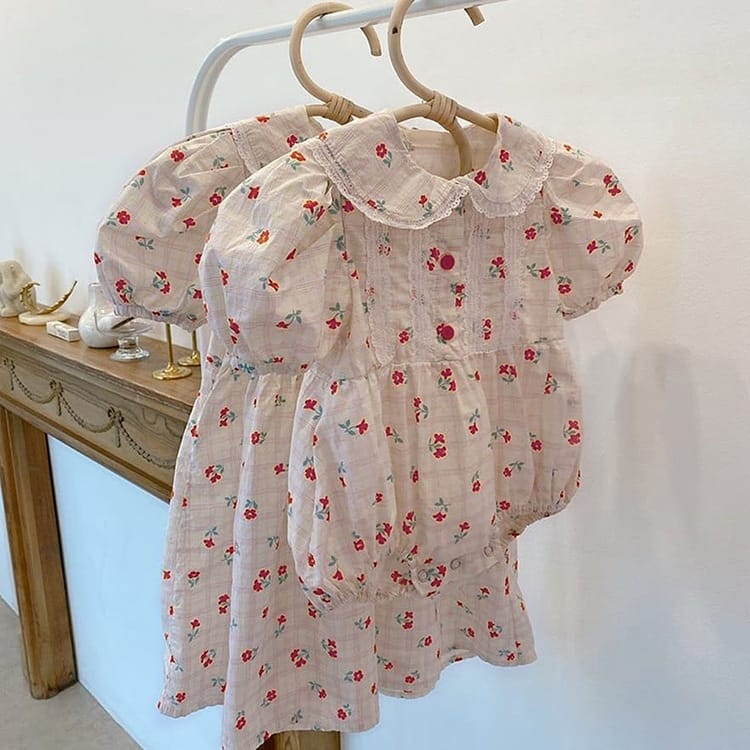 Puff Sleeve Floral Lace Collar Bodysuit 半袖ロンパース【mh0012694】 BBAMMA 半袖ロンパース