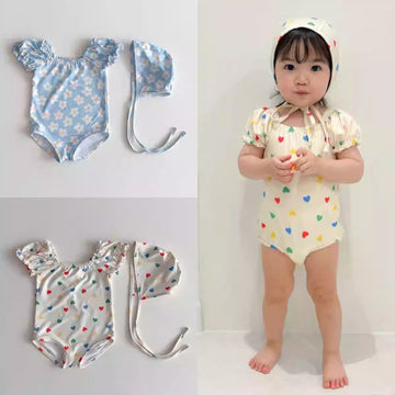 Puff Sleeve Heart Swimwear 半袖水着セット【mh0012931】 yi nian ni ベビー用水着