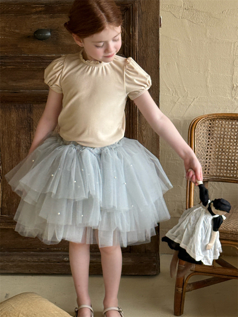 Puff Sleeve Lace Knitted Top パフスリーブ レース 半袖Tシャツ【mh0012420】 mamahalo shop