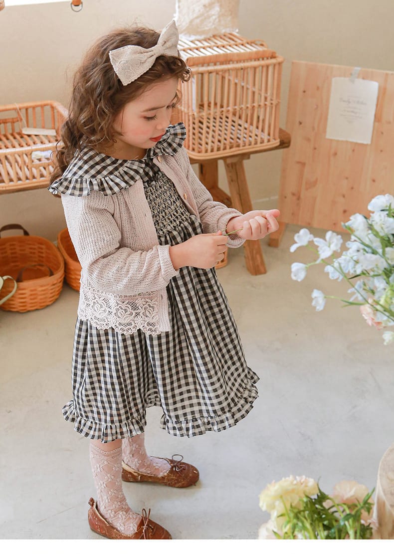 Puff Sleeve Plaid Flower Dress パフスリーブ チェック フラワー ワンピース【mh0001542】 Strawberry Coral 長袖ワンピース