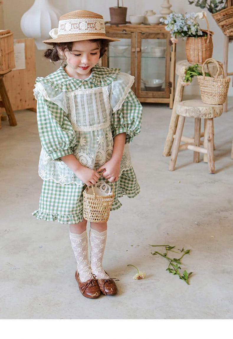 Puff Sleeve Plaid Flower Dress パフスリーブ チェック フラワー ワンピース【mh0001542】 Strawberry Coral 長袖ワンピース