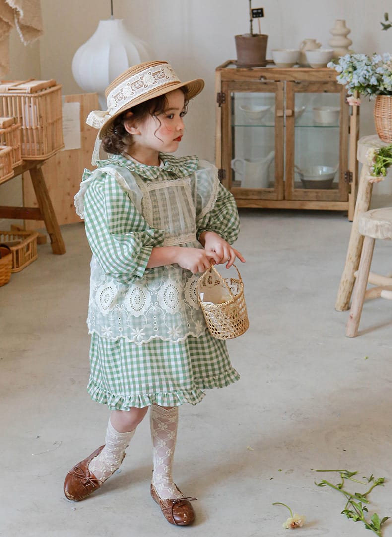 Puff Sleeve Plaid Flower Dress パフスリーブ チェック フラワー ワンピース【mh0001542】 Strawberry Coral 長袖ワンピース