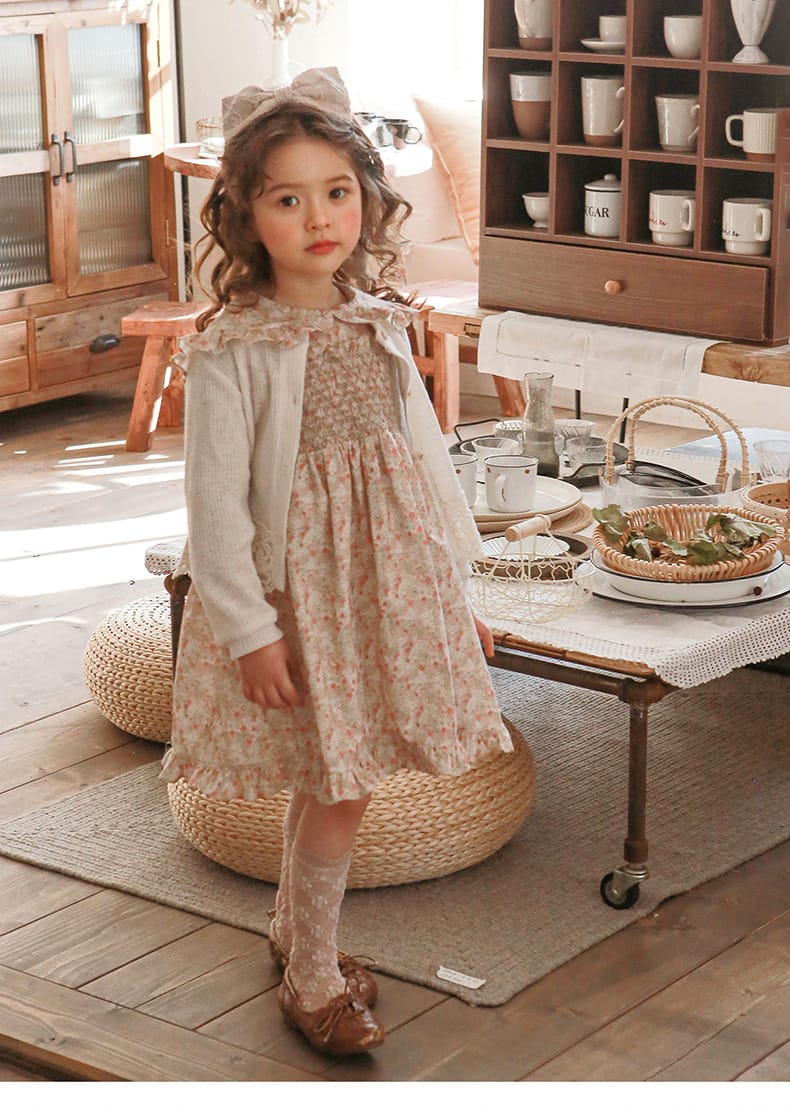 Puff Sleeve Plaid Flower Dress パフスリーブ チェック フラワー ワンピース【mh0001542】 Strawberry Coral 長袖ワンピース