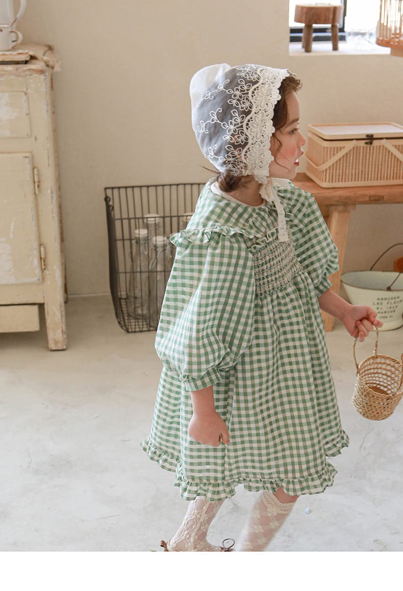 Puff Sleeve Plaid Flower Dress パフスリーブ チェック フラワー ワンピース【mh0001542】 Strawberry Coral 長袖ワンピース