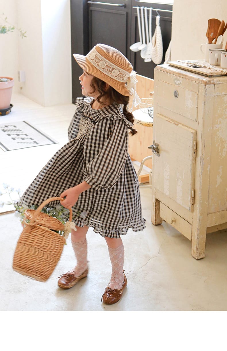 Puff Sleeve Plaid Flower Dress パフスリーブ チェック フラワー ワンピース【mh0001542】 Strawberry Coral 長袖ワンピース