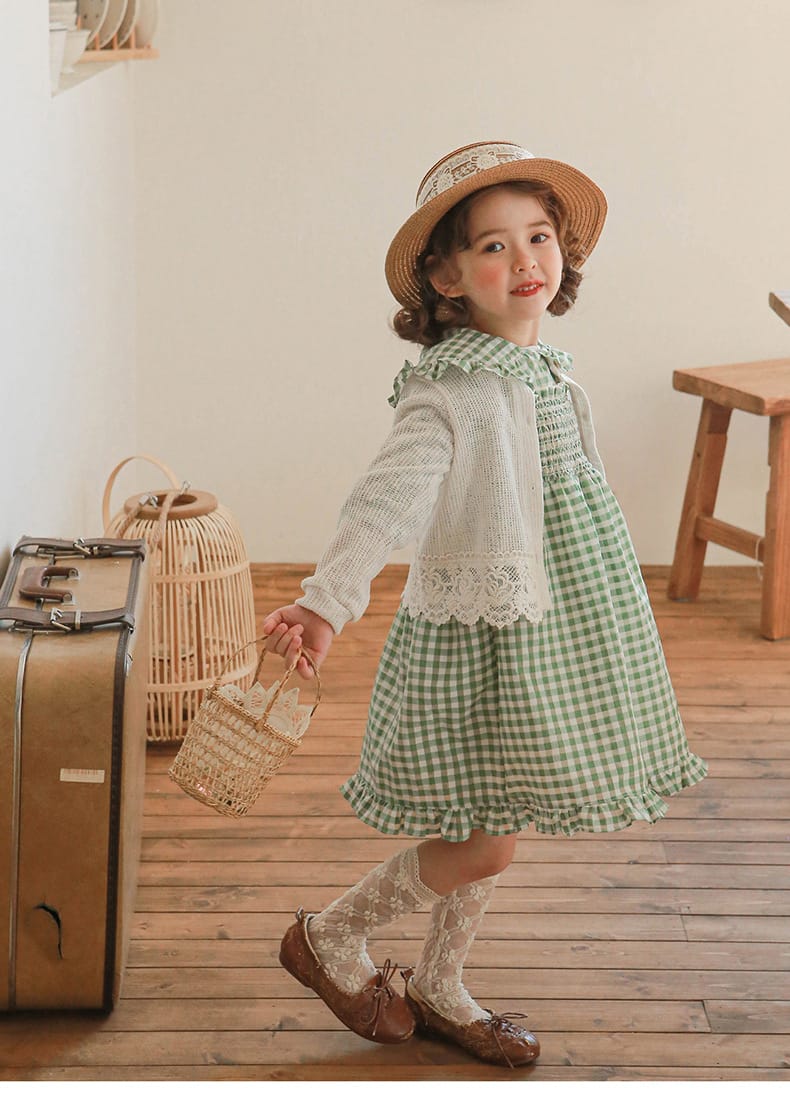 Puff Sleeve Plaid Flower Dress パフスリーブ チェック フラワー ワンピース【mh0001542】 Strawberry Coral 長袖ワンピース