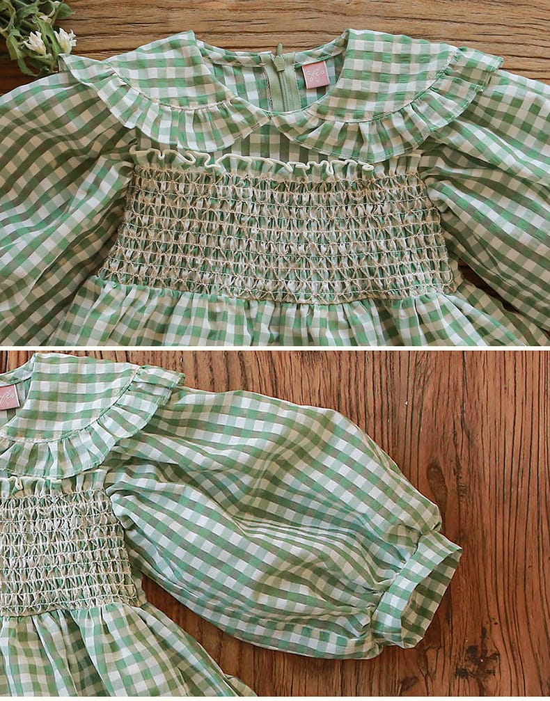 Puff Sleeve Plaid Flower Dress パフスリーブ チェック フラワー ワンピース【mh0001542】 Strawberry Coral 長袖ワンピース