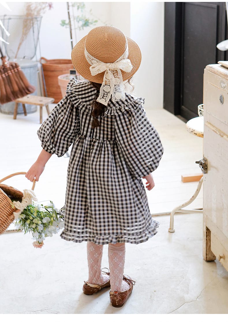 Puff Sleeve Plaid Flower Dress パフスリーブ チェック フラワー ワンピース【mh0001542】 Strawberry Coral 長袖ワンピース