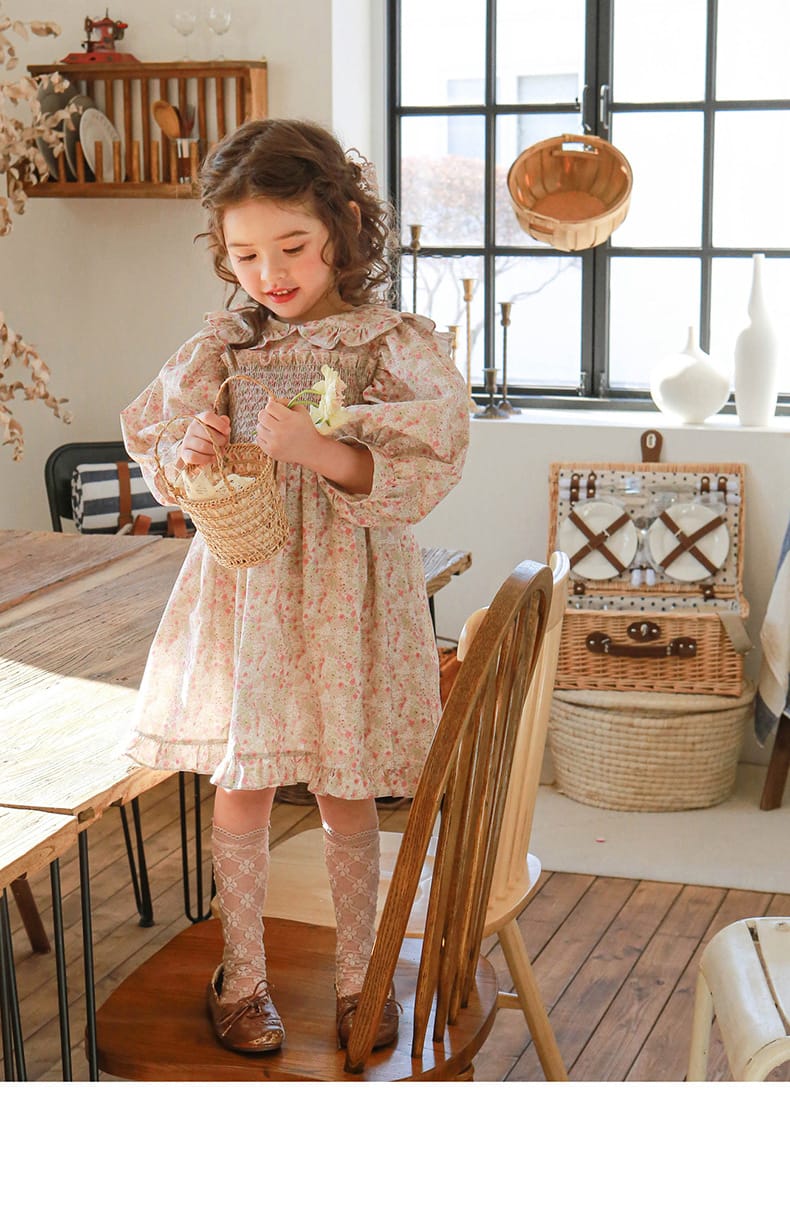 Puff Sleeve Plaid Flower Dress パフスリーブ チェック フラワー ワンピース【mh0001542】 Strawberry Coral 長袖ワンピース