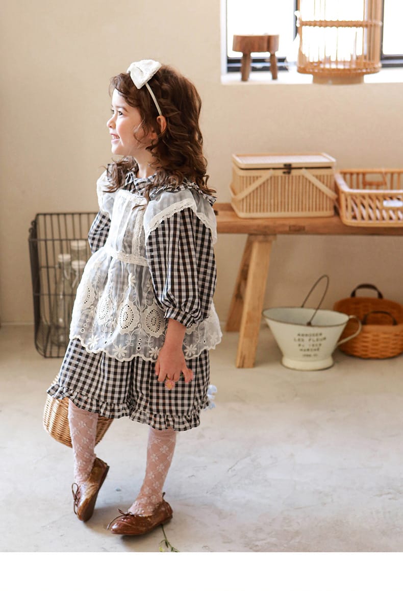 Puff Sleeve Plaid Flower Dress パフスリーブ チェック フラワー ワンピース【mh0001542】 Strawberry Coral 長袖ワンピース