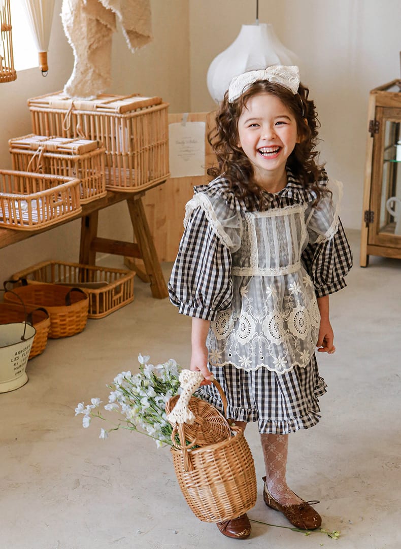 Puff Sleeve Plaid Flower Dress パフスリーブ チェック フラワー ワンピース【mh0001542】 Strawberry Coral 長袖ワンピース
