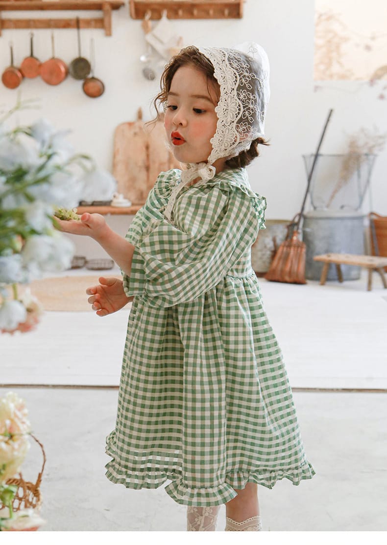 Puff Sleeve Plaid Flower Dress パフスリーブ チェック フラワー ワンピース【mh0001542】 Strawberry Coral 長袖ワンピース