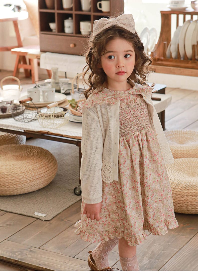 Puff Sleeve Plaid Flower Dress パフスリーブ チェック フラワー ワンピース【mh0001542】 Strawberry Coral 長袖ワンピース