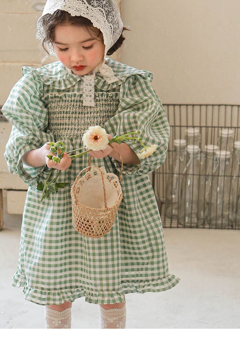Puff Sleeve Plaid Flower Dress パフスリーブ チェック フラワー ワンピース【mh0001542】 Strawberry Coral 長袖ワンピース