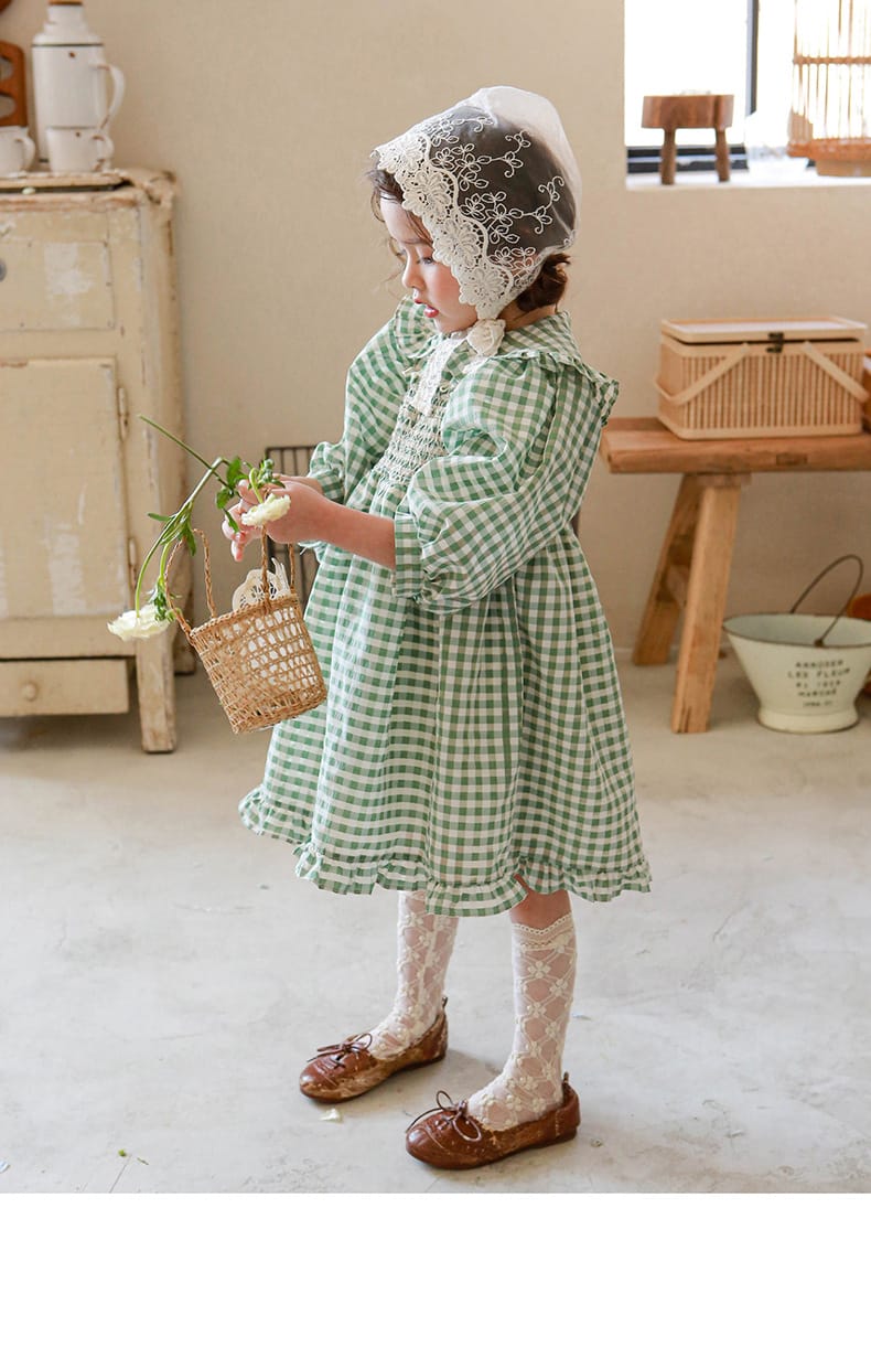Puff Sleeve Plaid Flower Dress パフスリーブ チェック フラワー ワンピース【mh0001542】 Strawberry Coral 長袖ワンピース