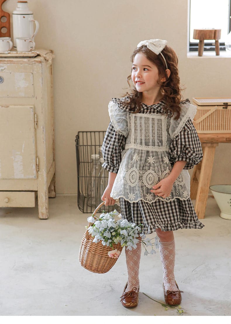 Puff Sleeve Plaid Flower Dress パフスリーブ チェック フラワー ワンピース【mh0001542】 Strawberry Coral 長袖ワンピース