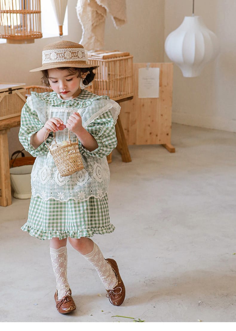 Puff Sleeve Plaid Flower Dress パフスリーブ チェック フラワー ワンピース【mh0001542】 Strawberry Coral 長袖ワンピース