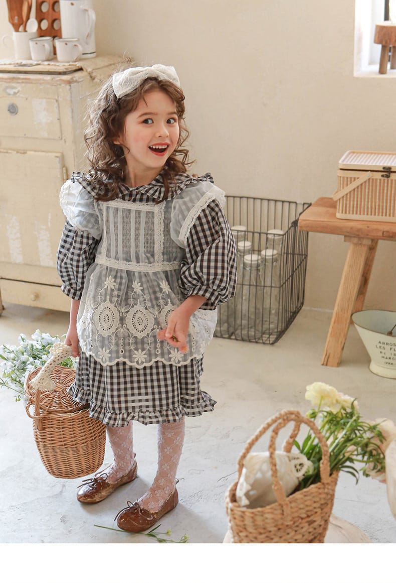 Puff Sleeve Plaid Flower Dress パフスリーブ チェック フラワー ワンピース【mh0001542】 Strawberry Coral 長袖ワンピース