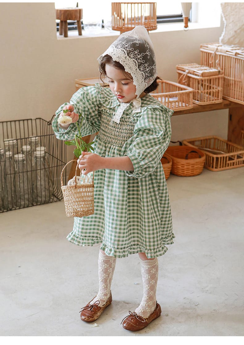 Puff Sleeve Plaid Flower Dress パフスリーブ チェック フラワー ワンピース【mh0001542】 Strawberry Coral 長袖ワンピース