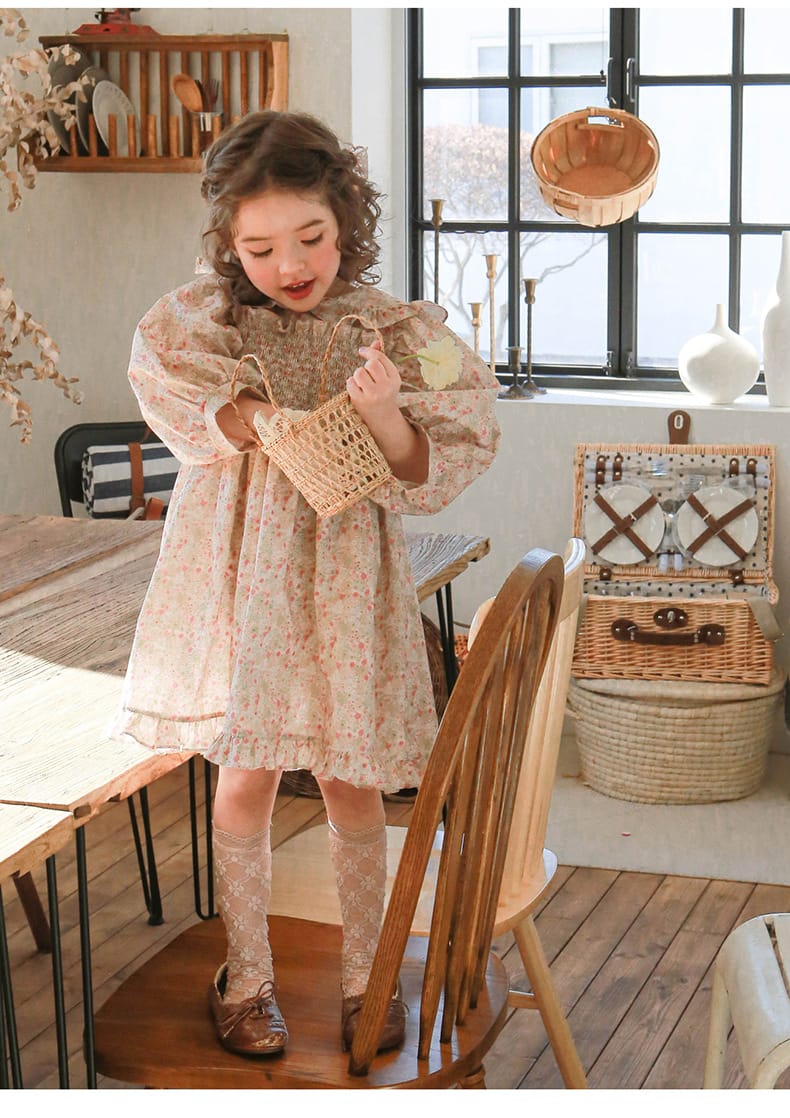 Puff Sleeve Plaid Flower Dress パフスリーブ チェック フラワー ワンピース【mh0001542】 Strawberry Coral 長袖ワンピース