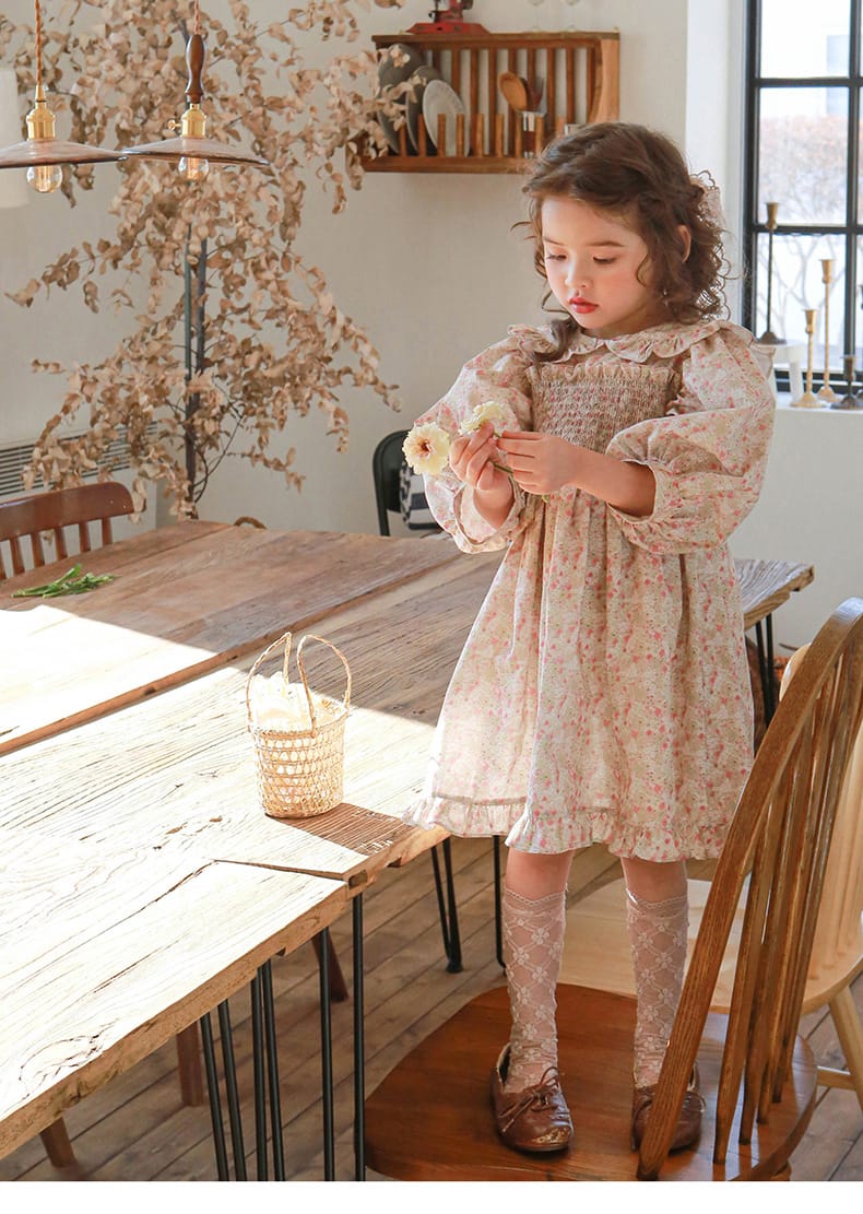 Puff Sleeve Plaid Flower Dress パフスリーブ チェック フラワー ワンピース【mh0001542】 Strawberry Coral 長袖ワンピース
