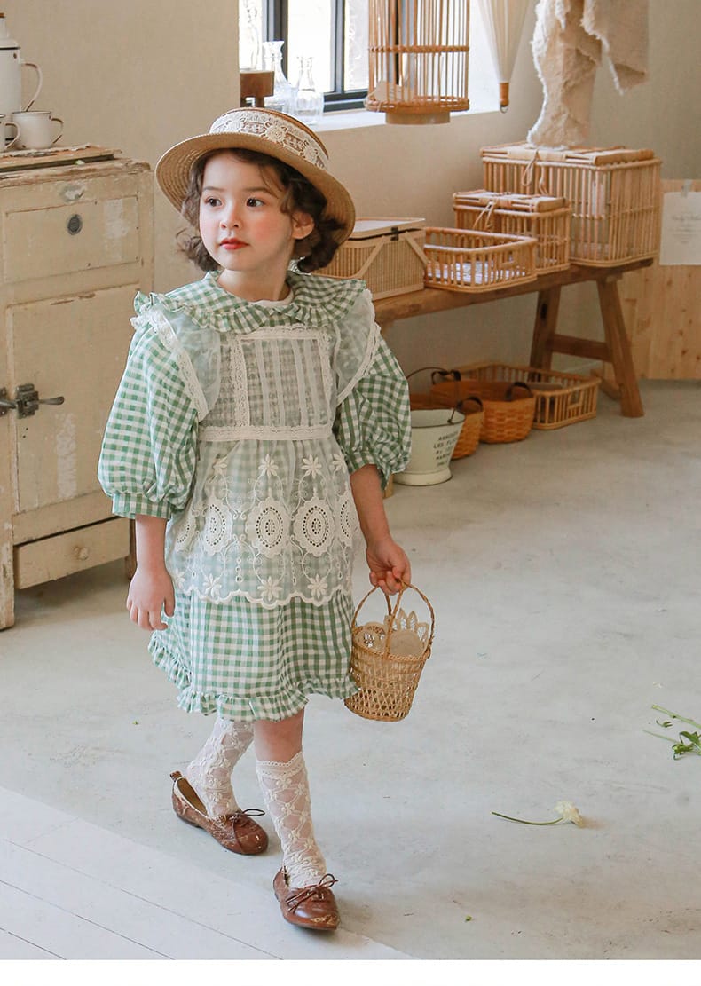 Puff Sleeve Plaid Flower Dress パフスリーブ チェック フラワー ワンピース【mh0001542】 Strawberry Coral 長袖ワンピース