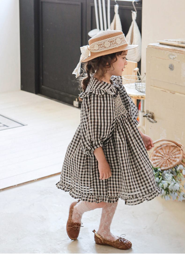 Puff Sleeve Plaid Flower Dress パフスリーブ チェック フラワー ワンピース【mh0001542】 Strawberry Coral 長袖ワンピース