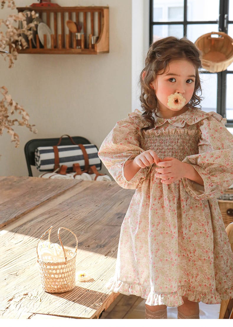 Puff Sleeve Plaid Flower Dress パフスリーブ チェック フラワー ワンピース【mh0001542】 Strawberry Coral 長袖ワンピース