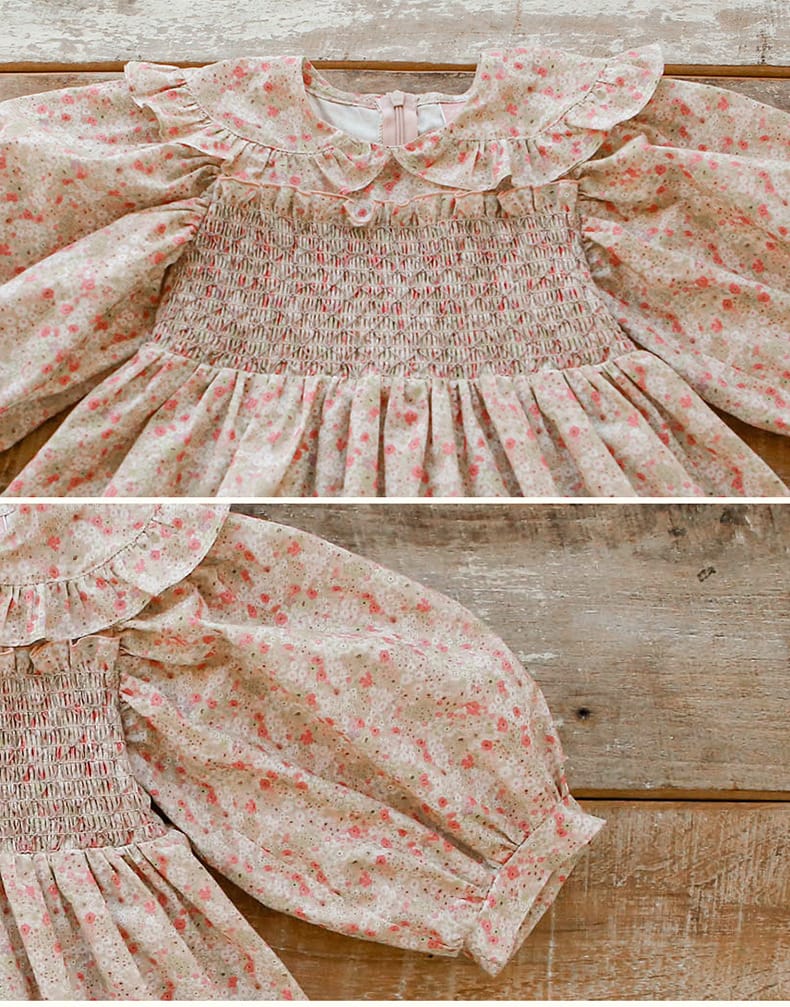 Puff Sleeve Plaid Flower Dress パフスリーブ チェック フラワー ワンピース【mh0001542】 Strawberry Coral 長袖ワンピース