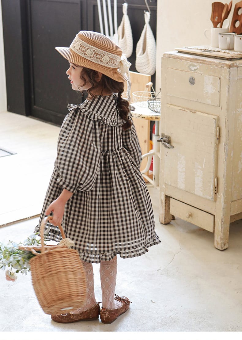 Puff Sleeve Plaid Flower Dress パフスリーブ チェック フラワー ワンピース【mh0001542】 Strawberry Coral 長袖ワンピース