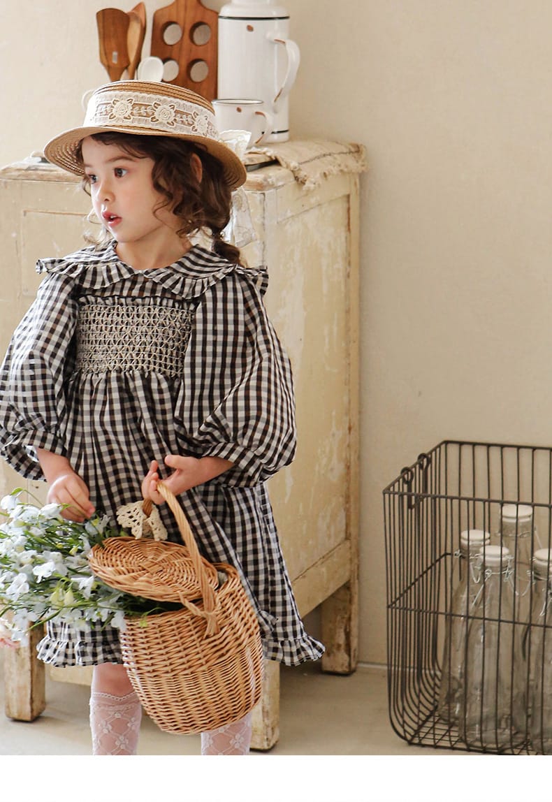 Puff Sleeve Plaid Flower Dress パフスリーブ チェック フラワー ワンピース【mh0001542】 Strawberry Coral 長袖ワンピース