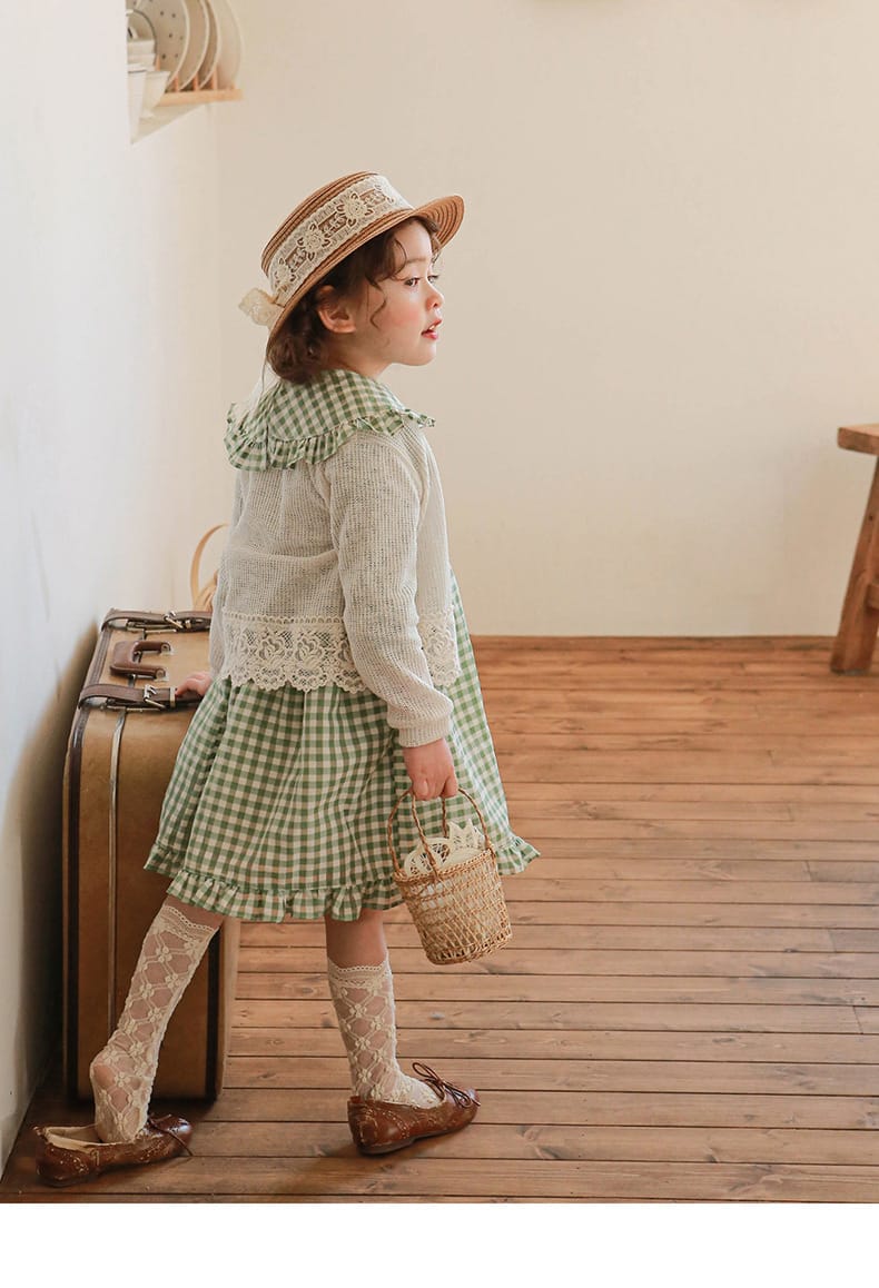Puff Sleeve Plaid Flower Dress パフスリーブ チェック フラワー ワンピース【mh0001542】 Strawberry Coral 長袖ワンピース