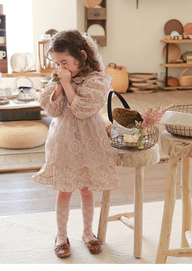 Puff Sleeve Plaid Flower Dress パフスリーブ チェック フラワー ワンピース【mh0001542】 Strawberry Coral 長袖ワンピース
