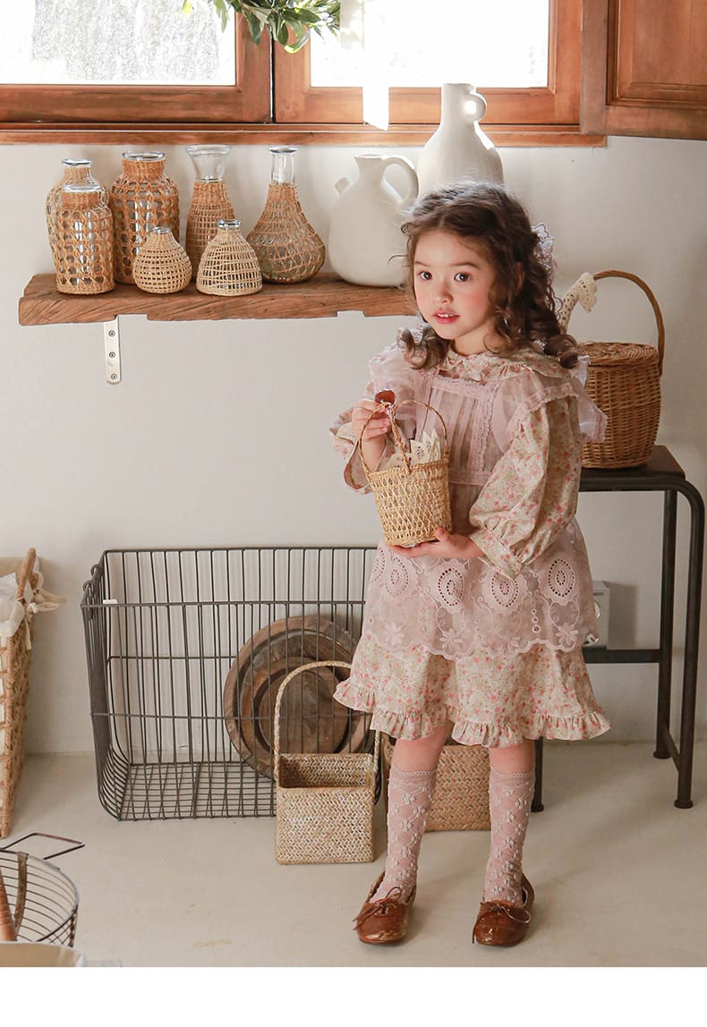Puff Sleeve Plaid Flower Dress パフスリーブ チェック フラワー ワンピース【mh0001542】 Strawberry Coral 長袖ワンピース