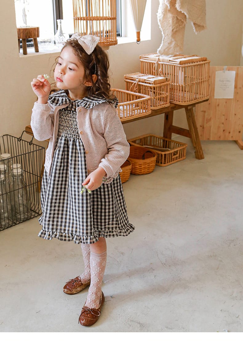 Puff Sleeve Plaid Flower Dress パフスリーブ チェック フラワー ワンピース【mh0001542】 Strawberry Coral 長袖ワンピース